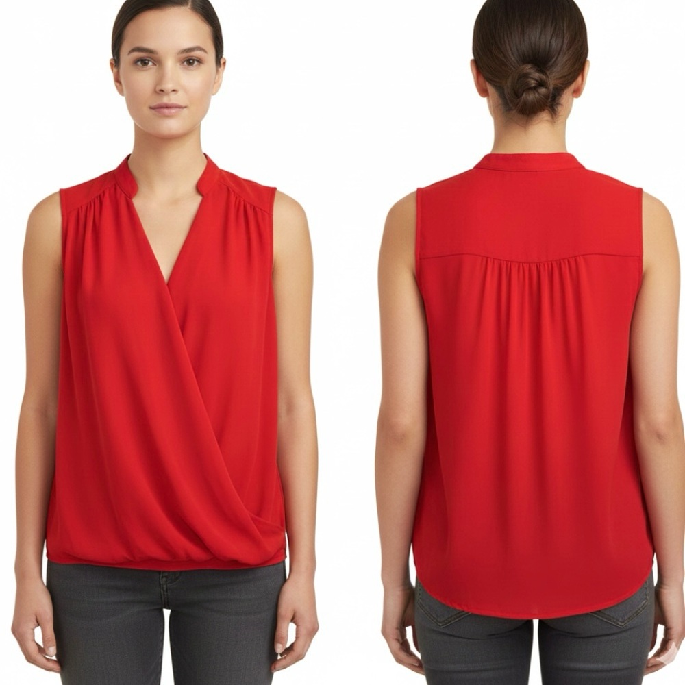 INC Top Blouson Hi Low Red Sleeveless V-Neck Crepe 4 Chic Dressy Work Party